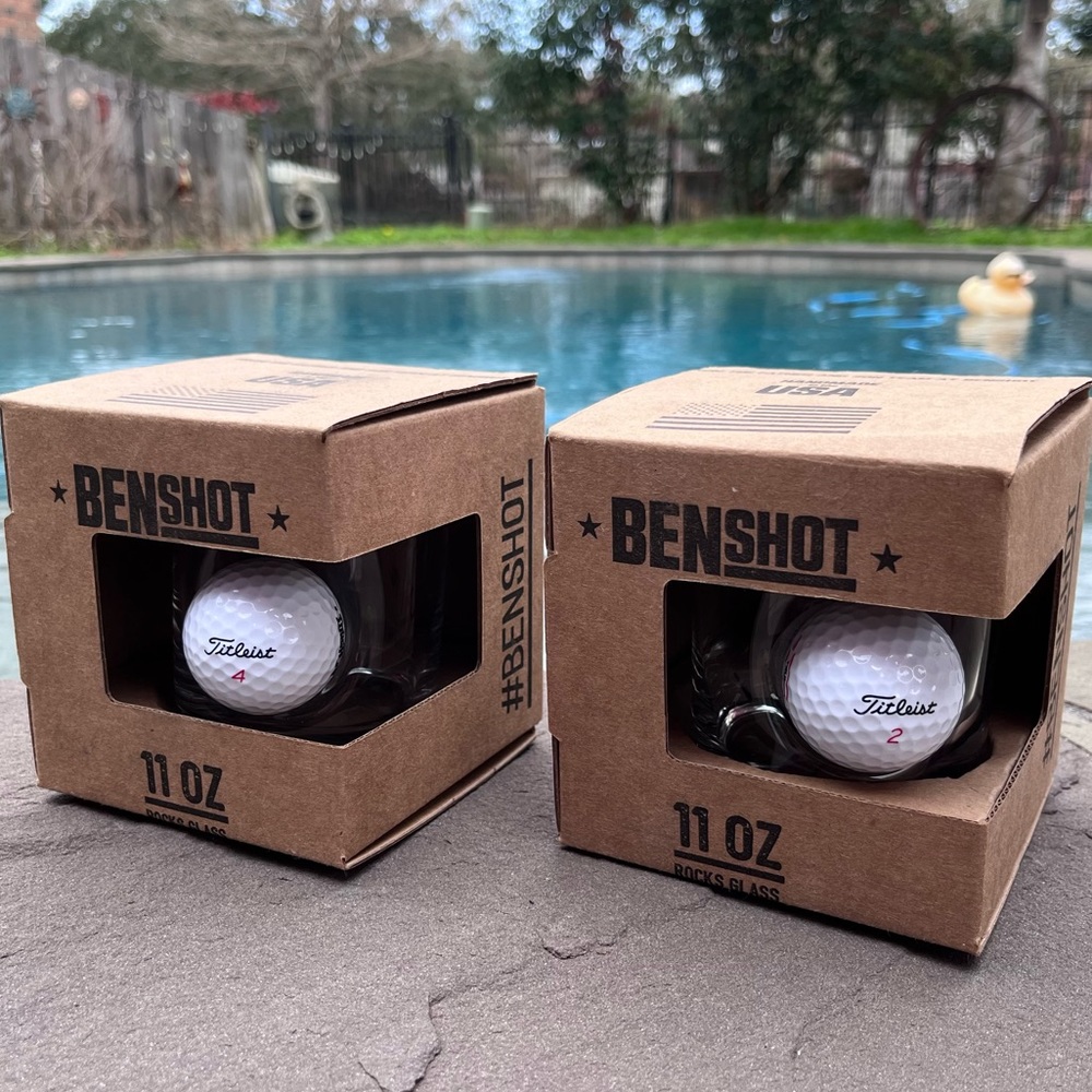 BenShot Golf Ball Rocks 2 NEW IN BOX Glasses 11 oz Two Glasses